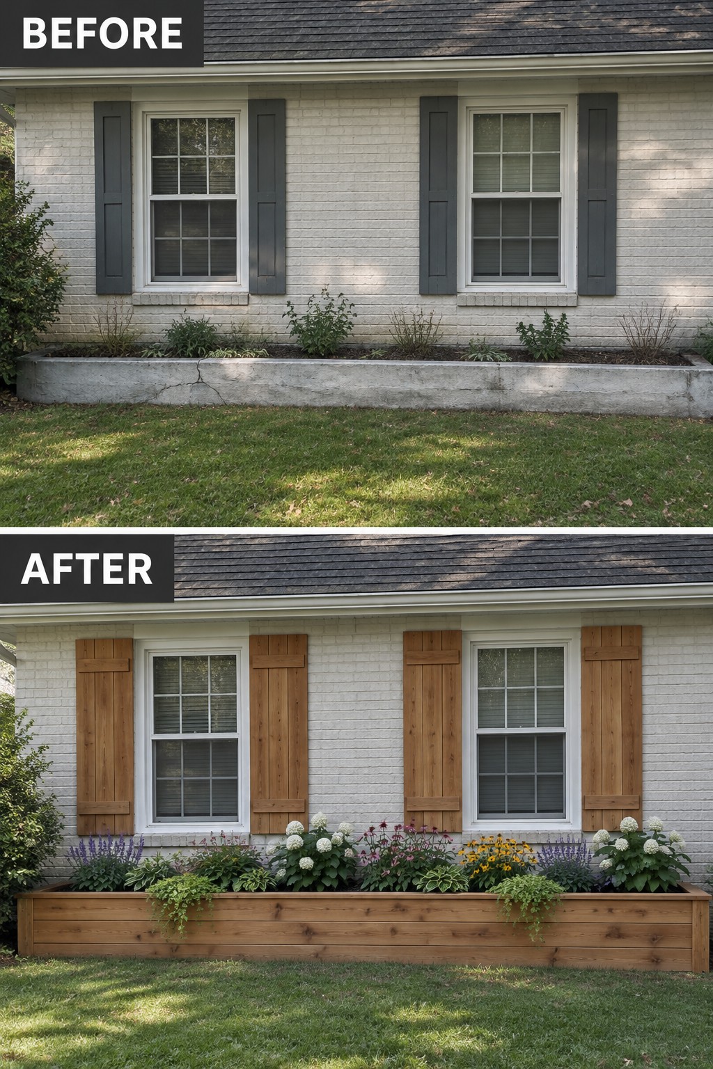 Before and after of brick house with gray shutters replaced by wood and new flower planter
