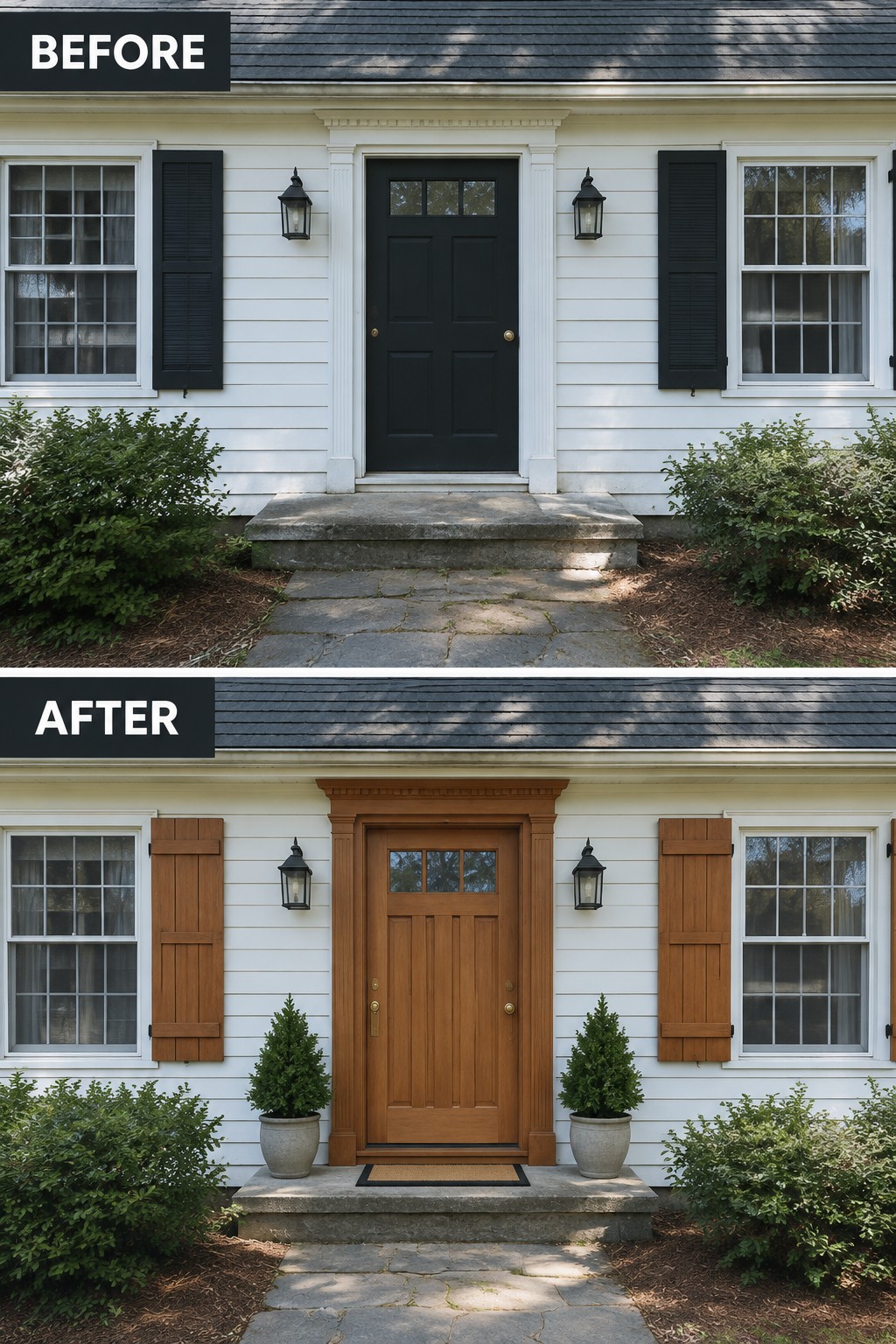 Before and after of white house with black door changed to wood and added potted plants