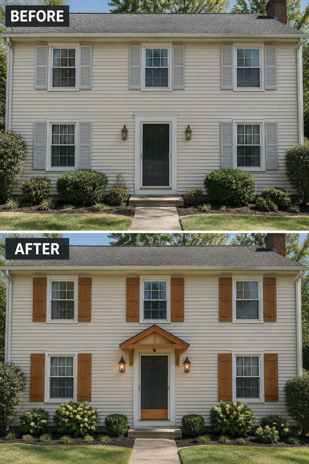 Before-and-after image of a colonial house exterior updated with cedar shutters, a wooden door pediment, and refreshed landscaping.