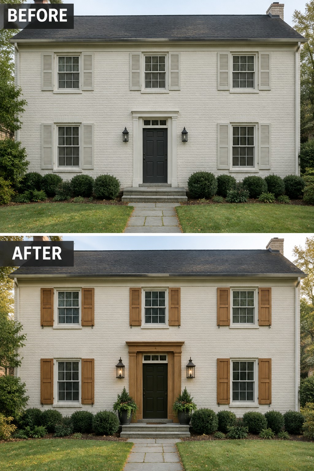 Before-and-after image of a colonial house exterior updated with cedar shutters and natural wood accents around the entry.