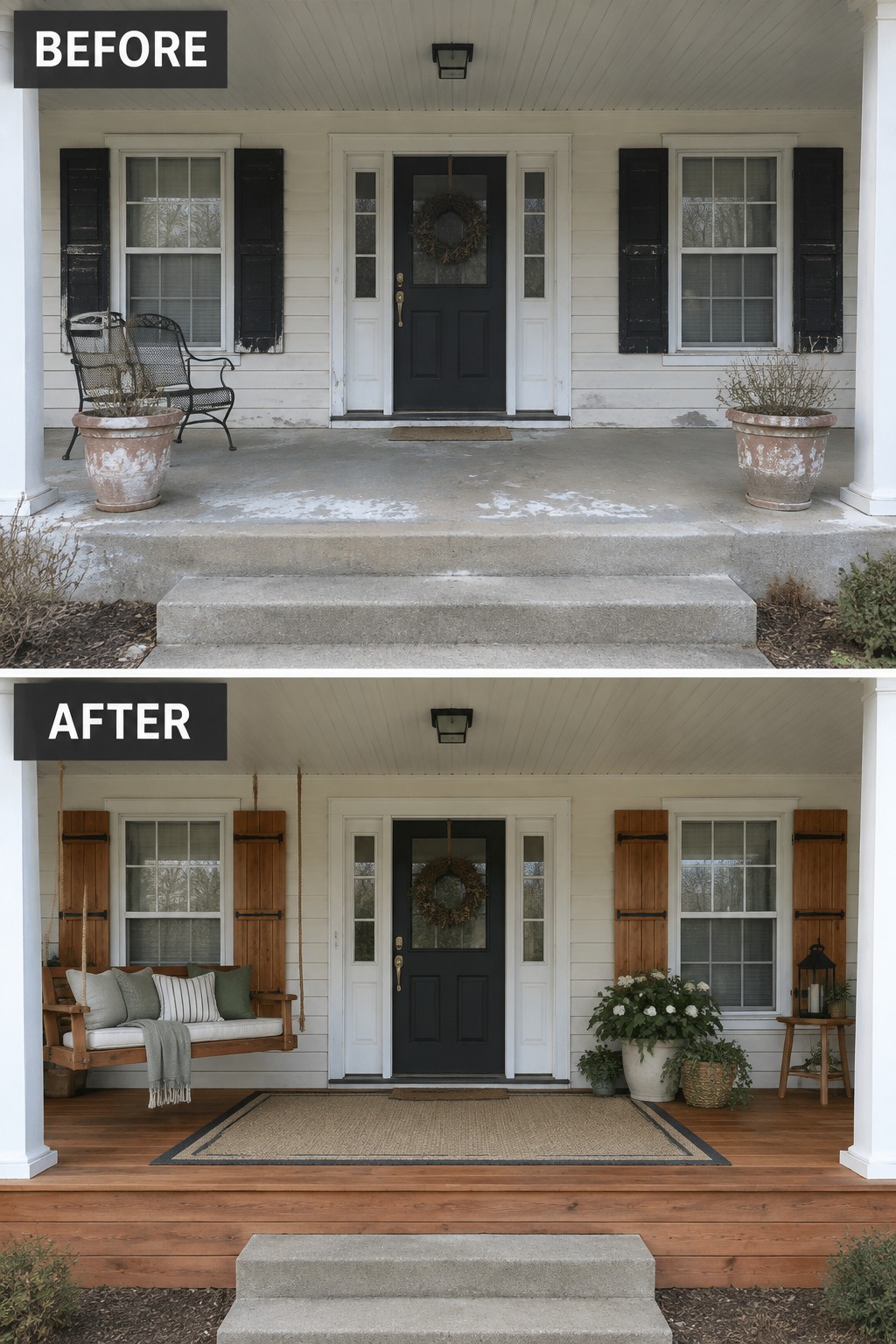 Before and after porch renovation: concrete steps to wooden deck with swing and shutters