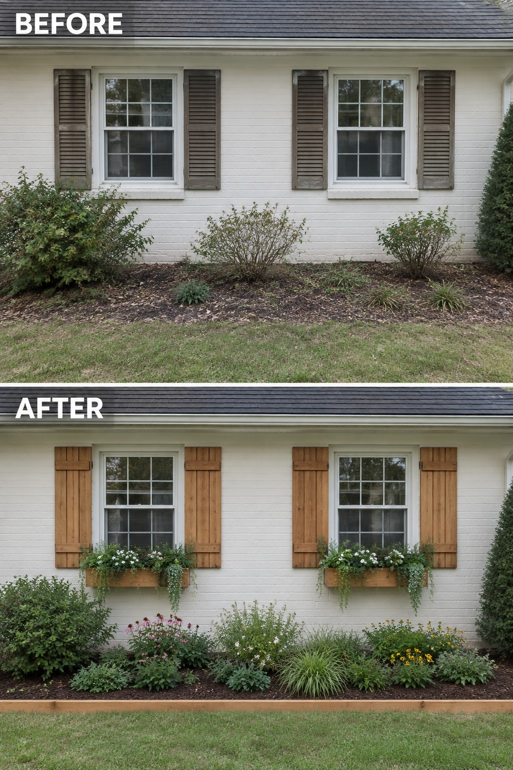 Before-and-after view of house with shutters changed from dark to light wood and added flower boxes.