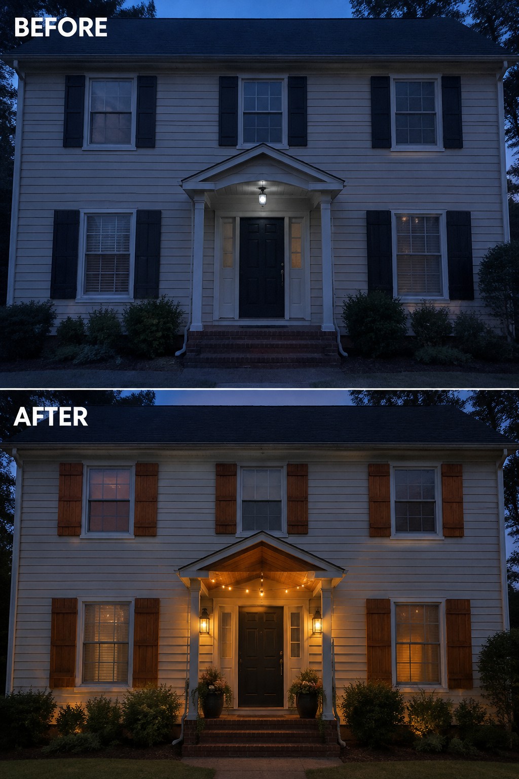 Before and after of house with new brown shutters, string lights, and warm porch lighting.