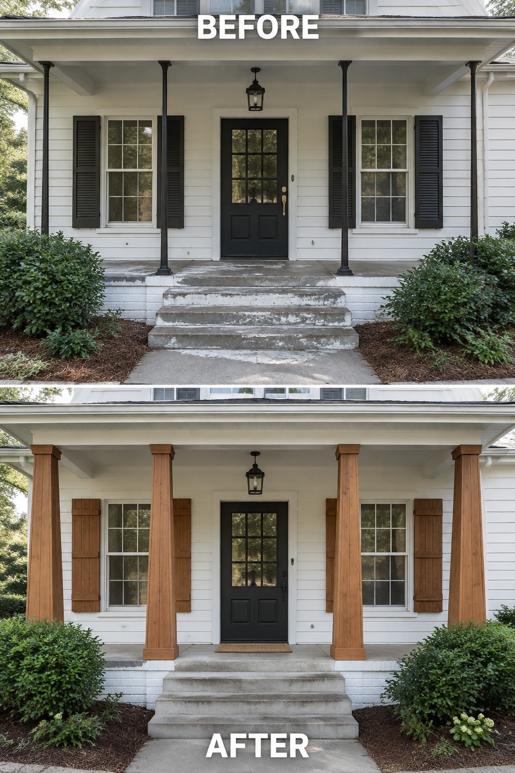 Before and after of white house porch with black door, updated wooden columns and shutters