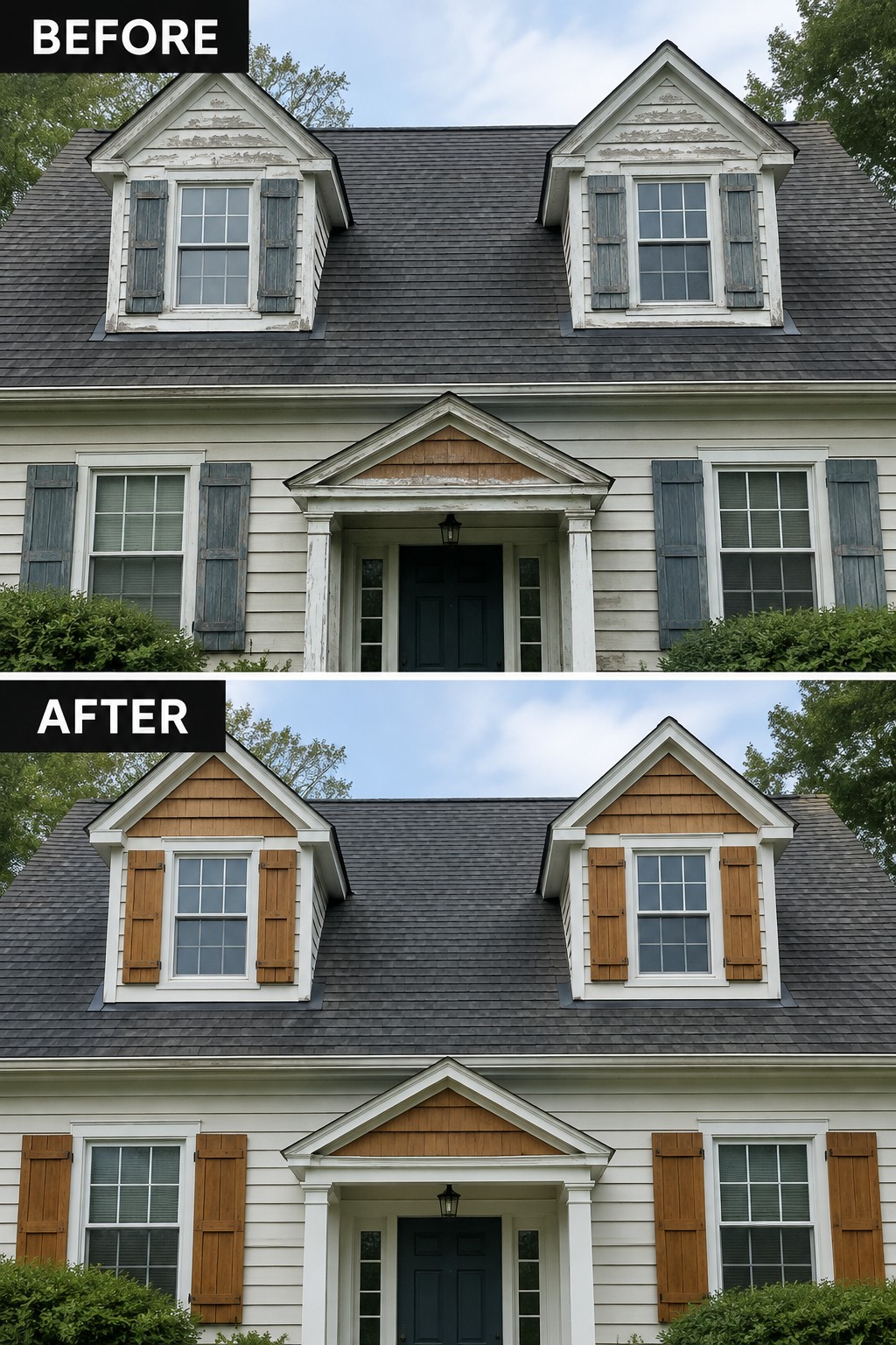 Before-and-after image of a colonial house showing old gray shutters and peeling gable paint replaced with cedar wood shingles and brown shutters.