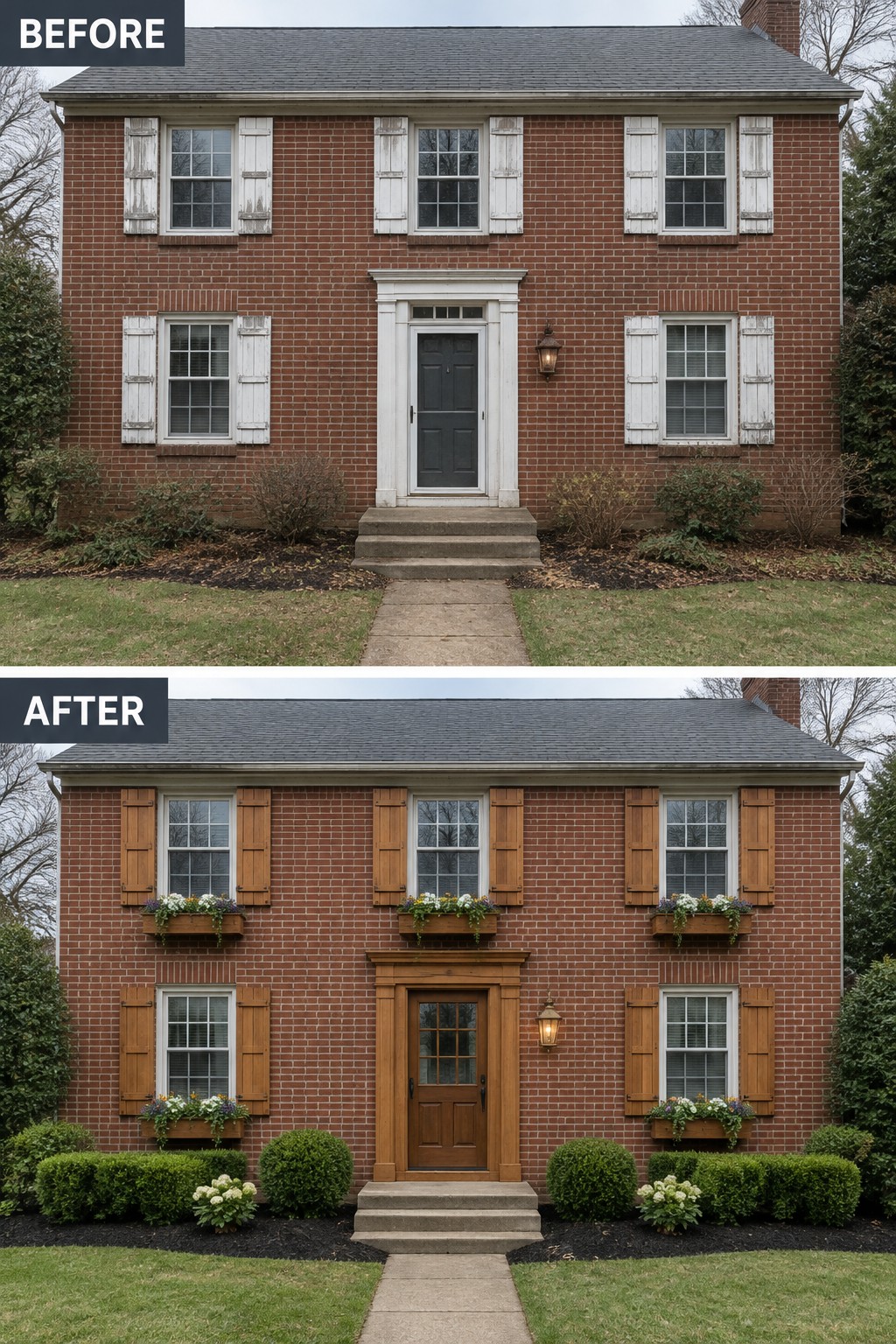Before and after of red brick house with brown shutters, flower boxes, and landscaping.