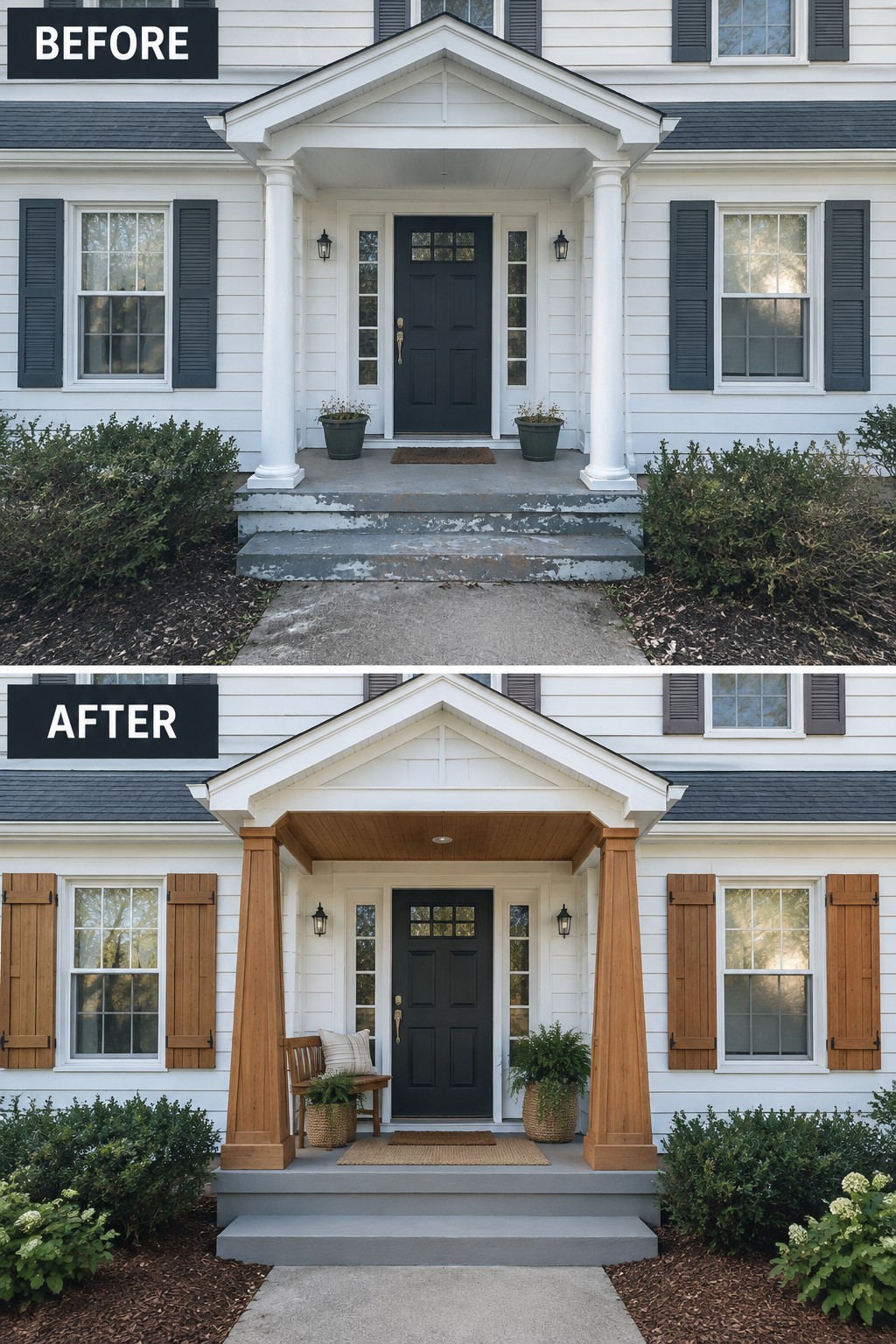 Before and after of white house porch with columns and shutters upgraded to wood