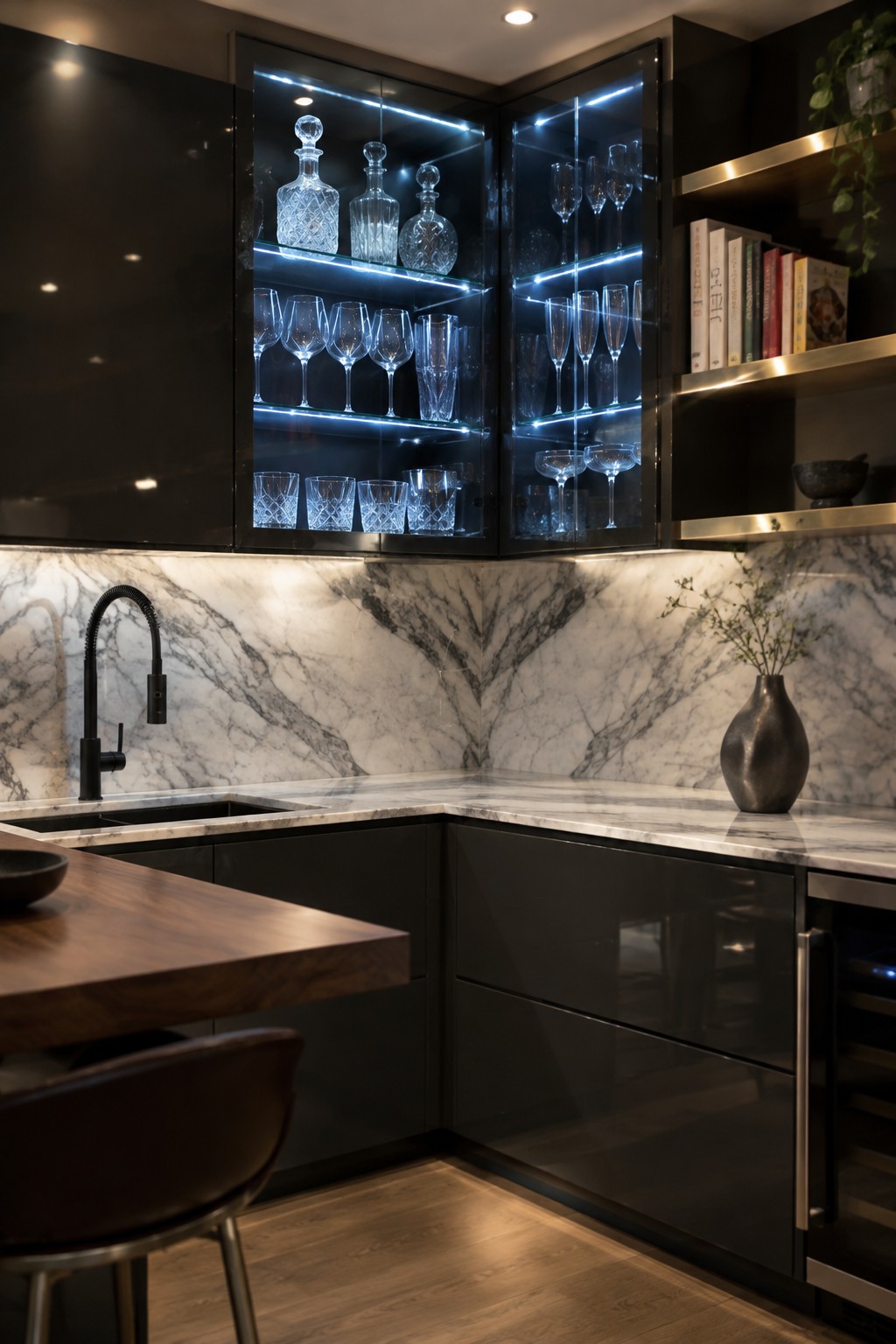 A kitchen corner cabinet with glass doors and blue LED-lit shelves displaying decanters, wine glasses, and tumblers.