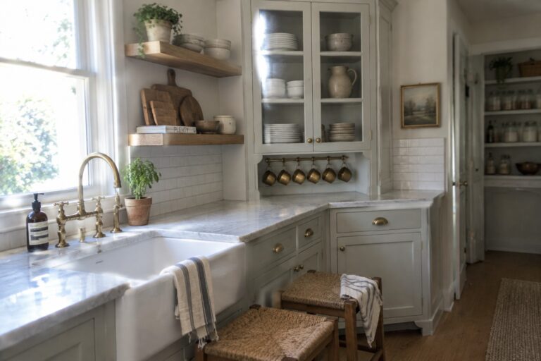 20 Stylish Kitchen Corner Cabinet Designs With Glass Doors A pale green kitchen has a glass-front corner cabinet displaying dishes above a farmhouse sink and marble countertops.