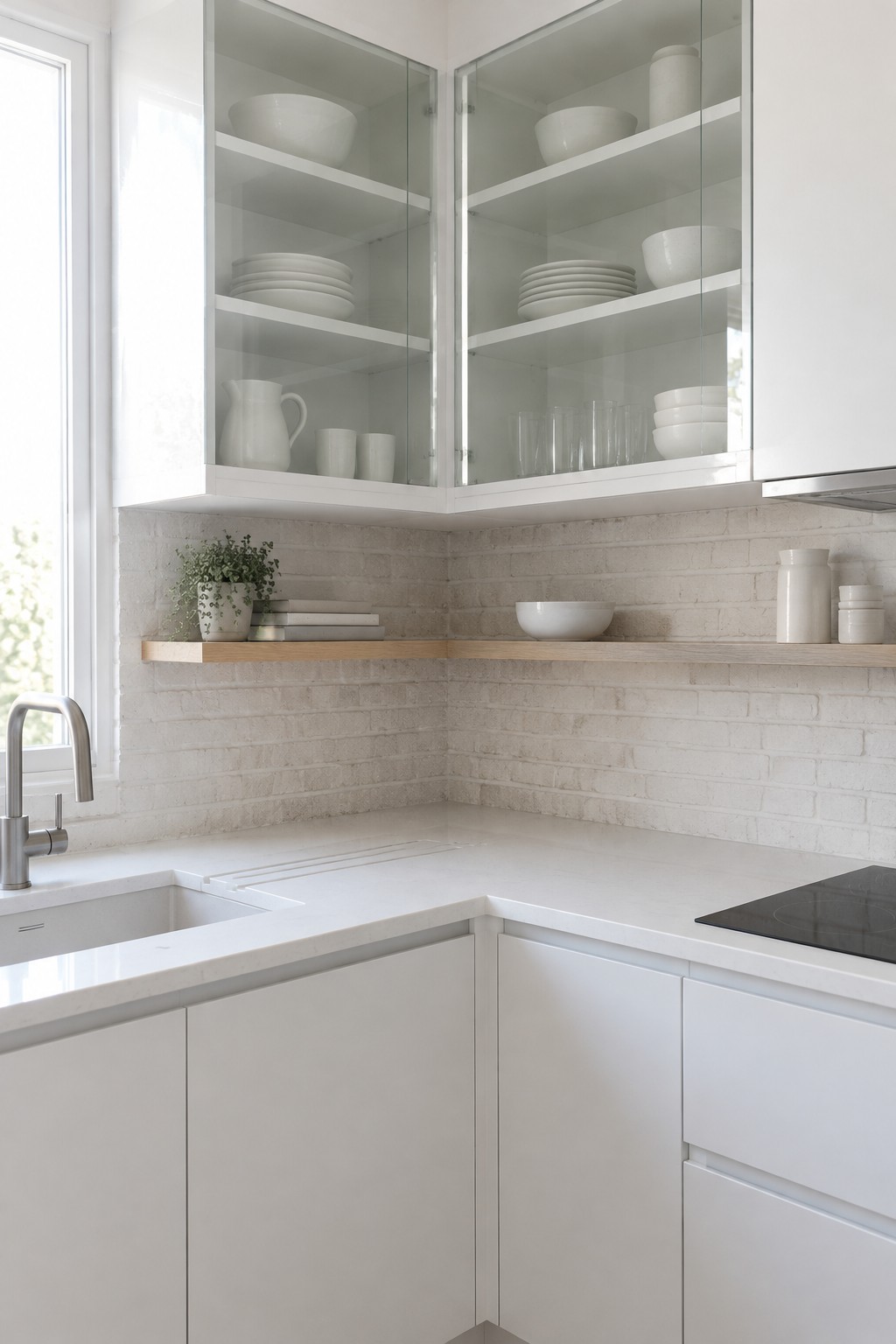 A white kitchen corner with glass-front upper cabinets holding white dishes and clear glasses.