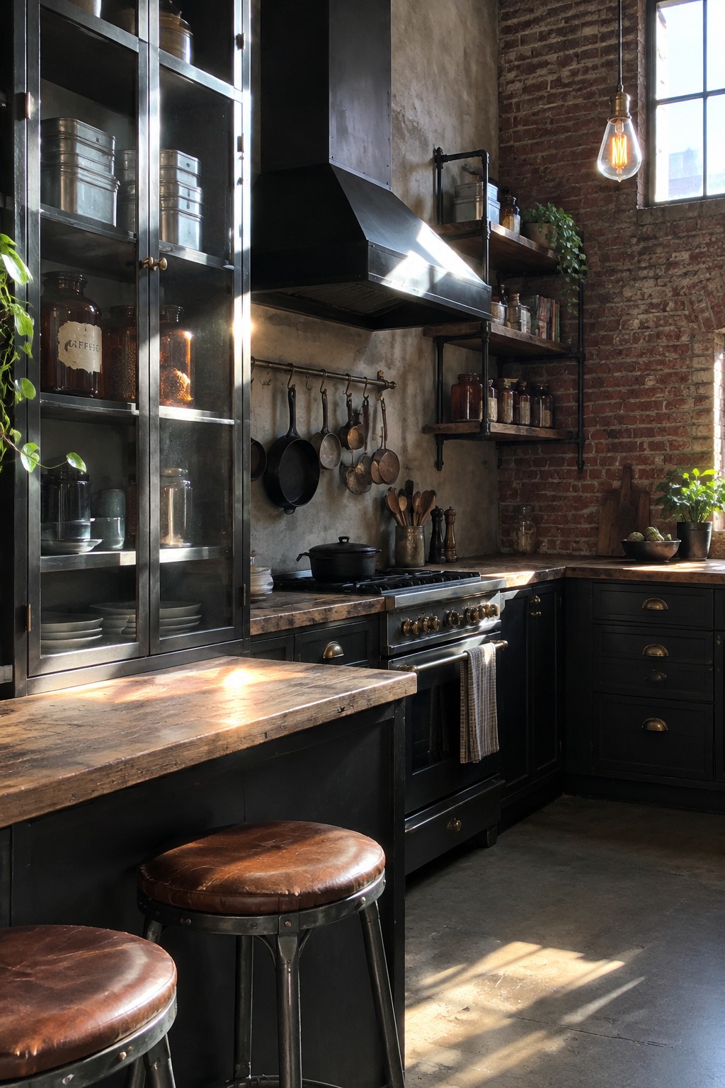 A dark industrial-style kitchen with glass-front metal cabinets, open shelves, a range, and a wooden counter.