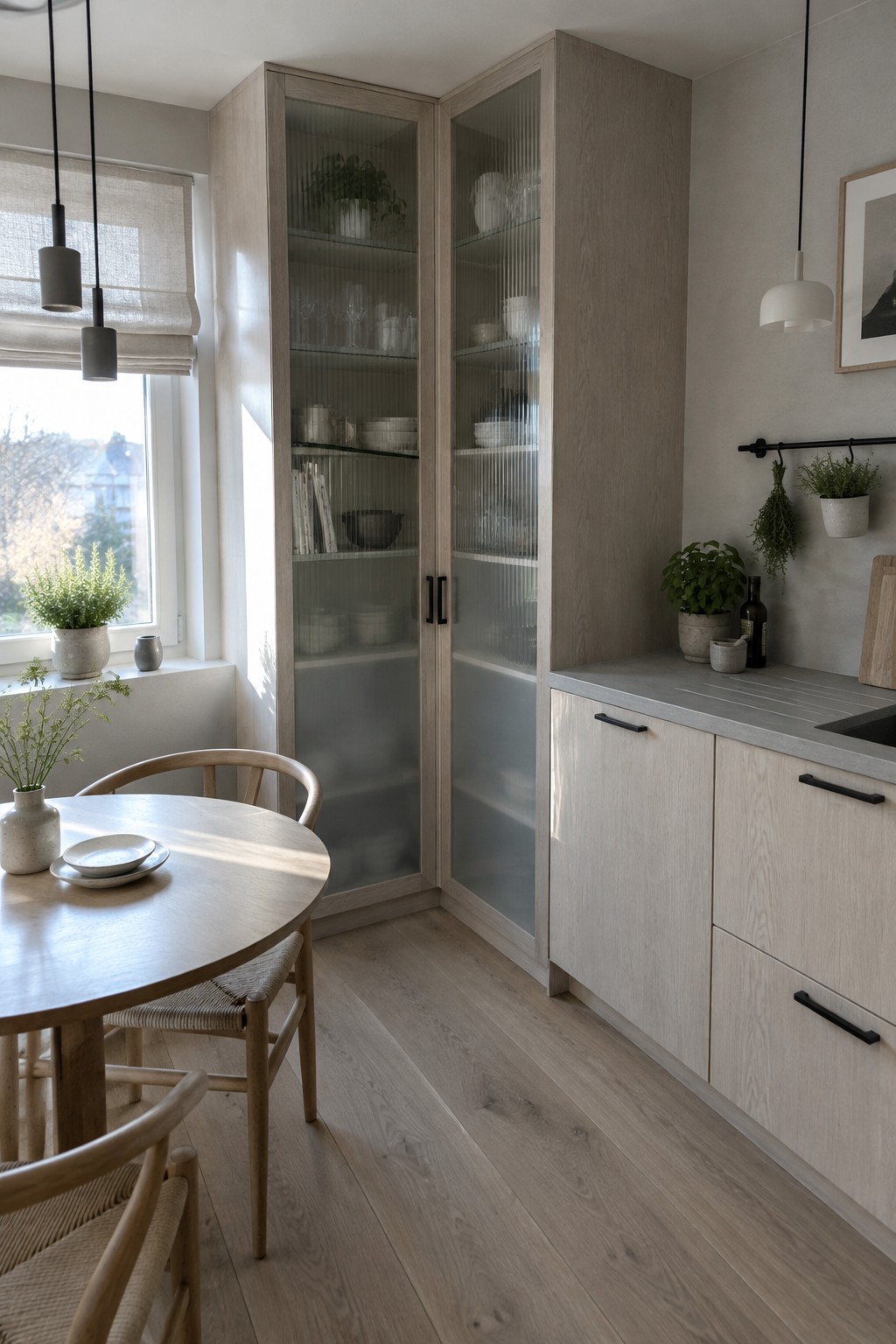 A light wood corner kitchen cabinet with ribbed glass doors and dishes displayed on its shelves.