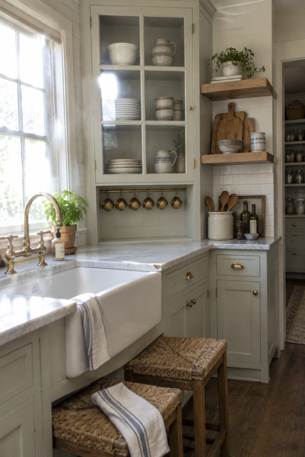 A pale green kitchen has a glass-front corner cabinet displaying dishes above a farmhouse sink and marble countertops.