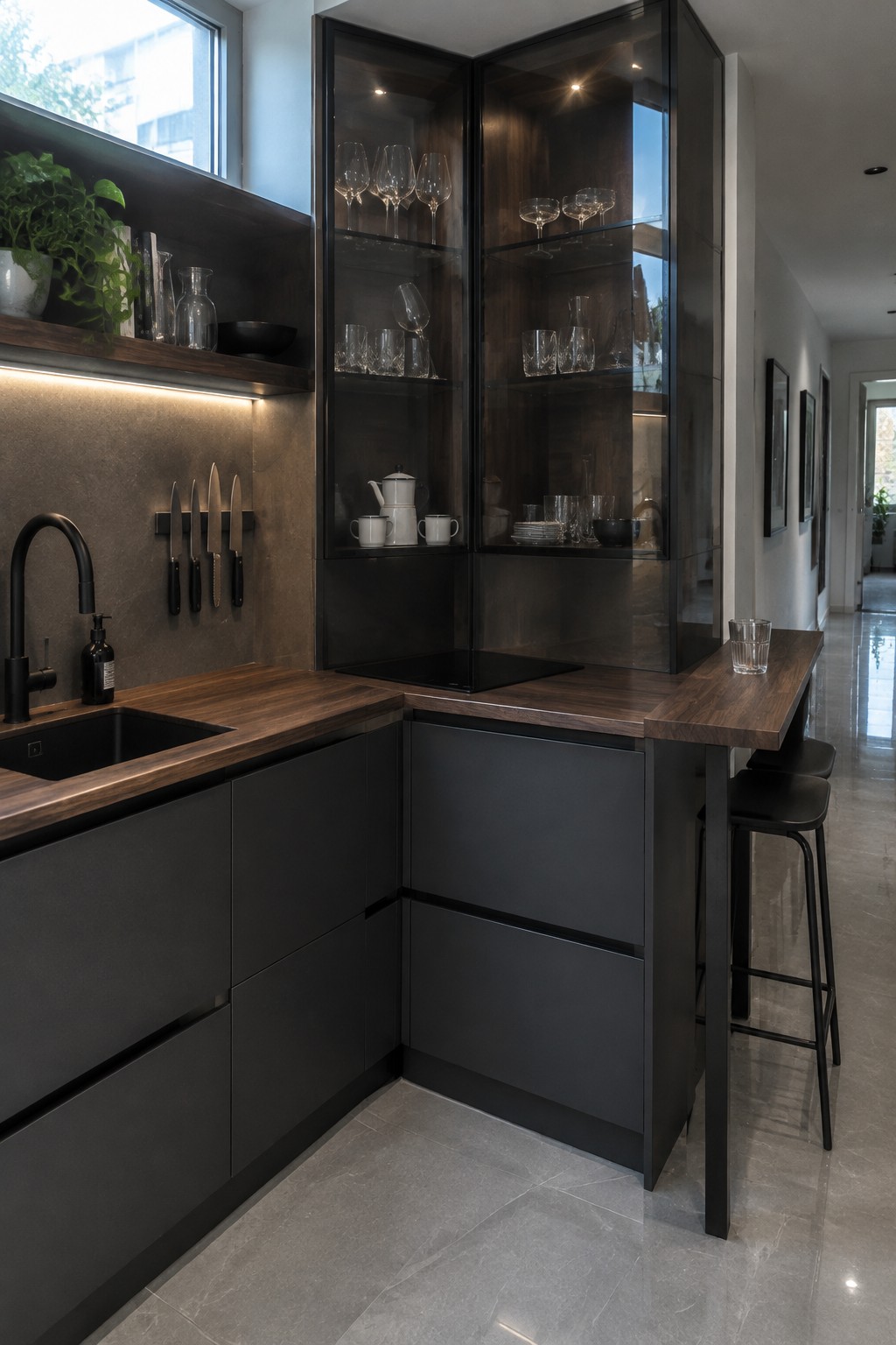 A dark-framed glass corner cabinet displays glasses and dishes above a wood countertop in a modern kitchen.