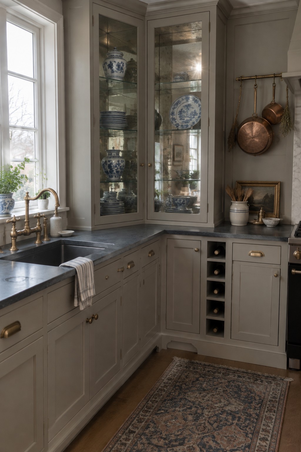 A tall taupe corner cabinet with glass doors displays blue-and-white dishes above gray kitchen cabinets and a dark stone countertop.