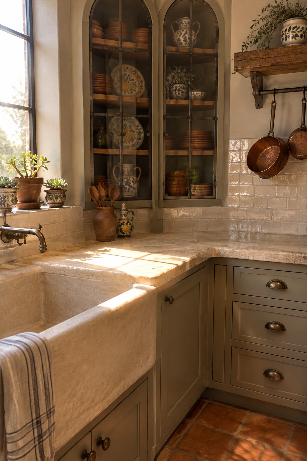 Two tall arched glass-front cabinets display plates and pottery above a stone countertop and farmhouse sink.
