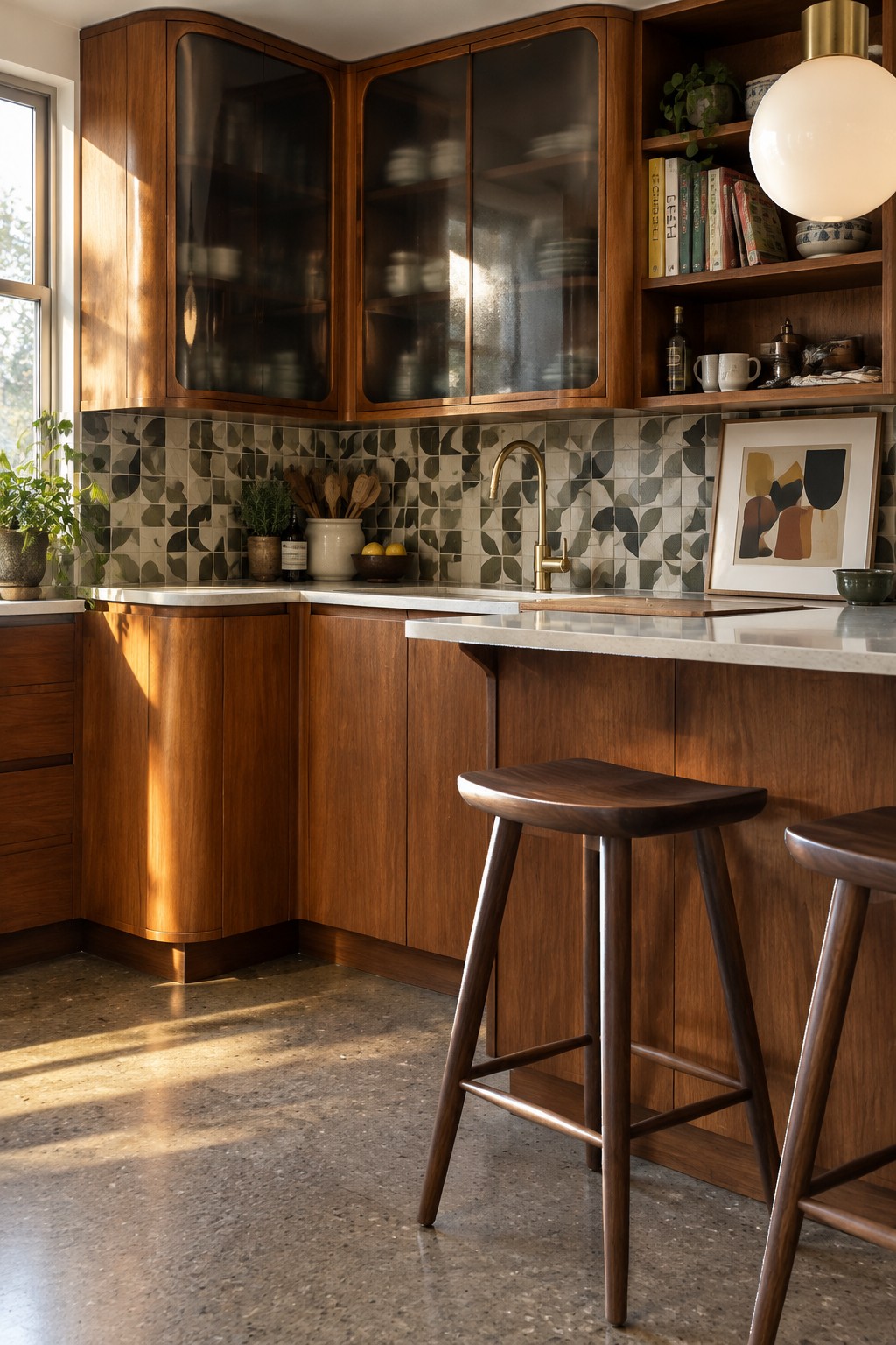 A kitchen corner with curved wood cabinets, dark glass doors, patterned tile backsplash, and a counter with a brass faucet.