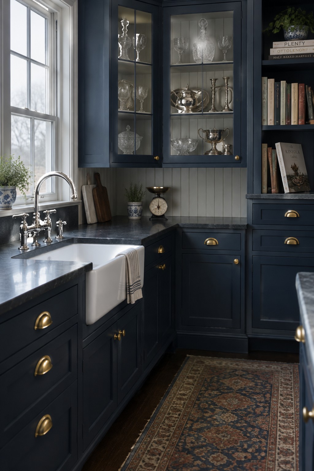 Dark blue kitchen corner cabinets with glass doors display crystal and silverware above a dark countertop.