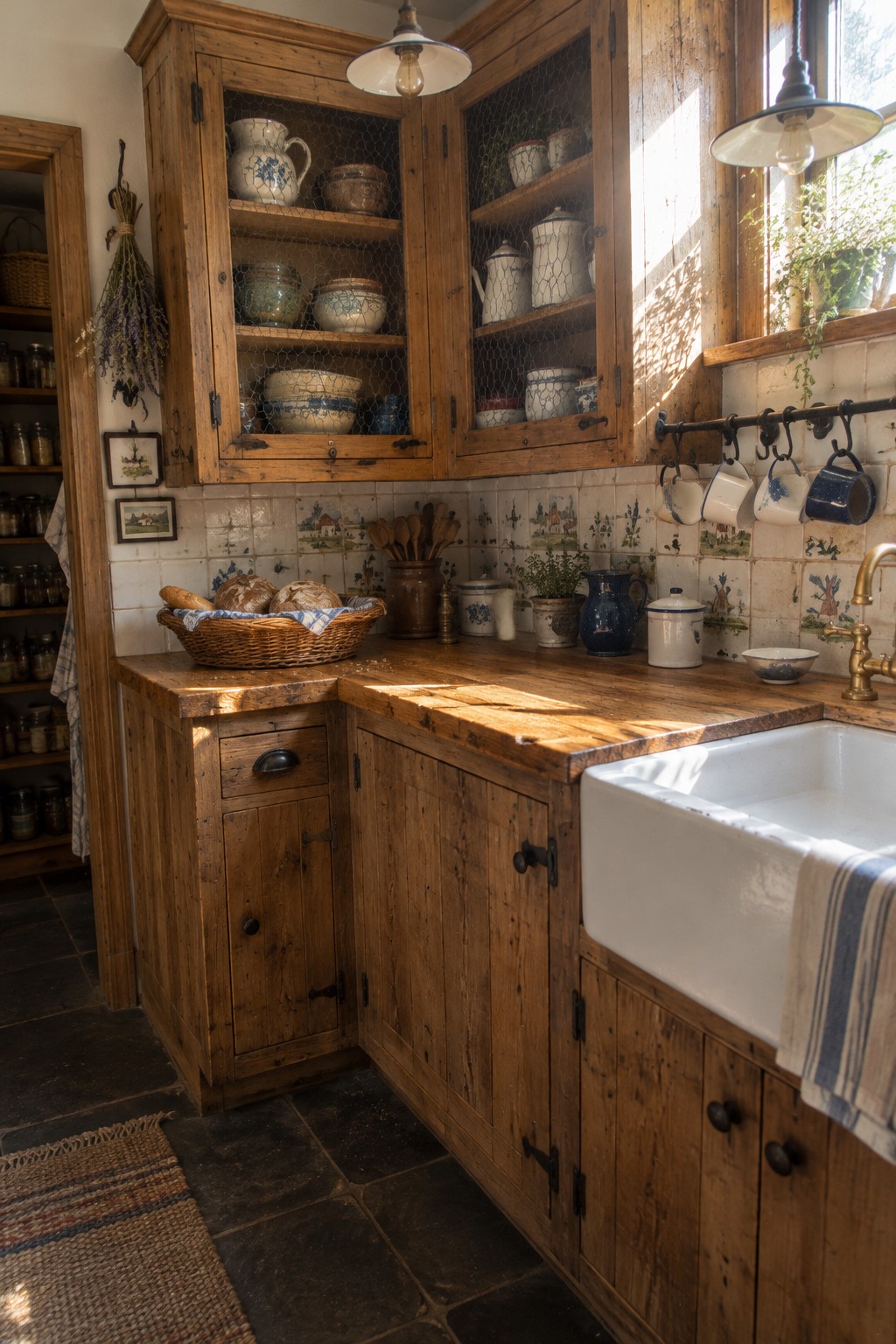 Wooden corner cabinets with glass and wire-mesh doors display ceramic dishes above a kitchen counter.
