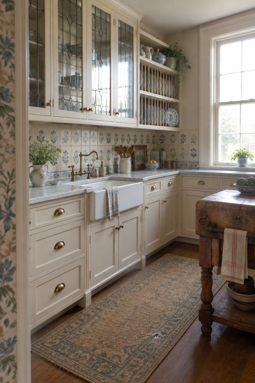 Cream kitchen cabinets with leaded glass doors and open plate racks above a farmhouse sink.
