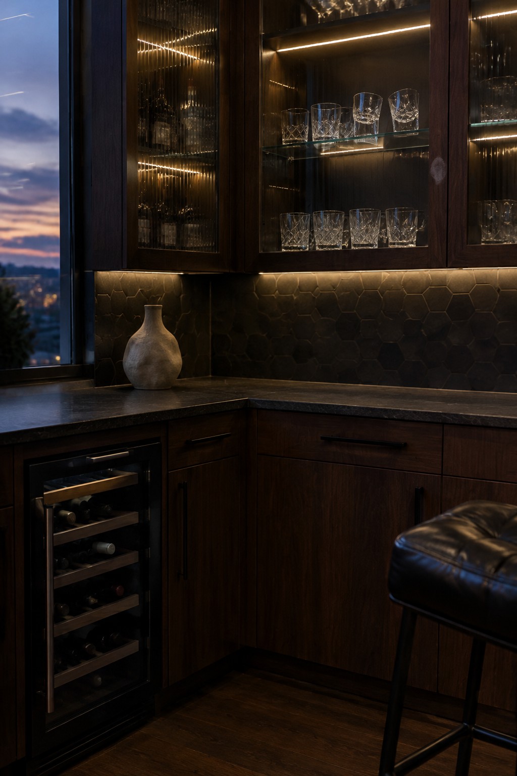 Dark wood corner cabinets with glass doors display crystal glasses above a dark countertop and hexagonal tile backsplash.