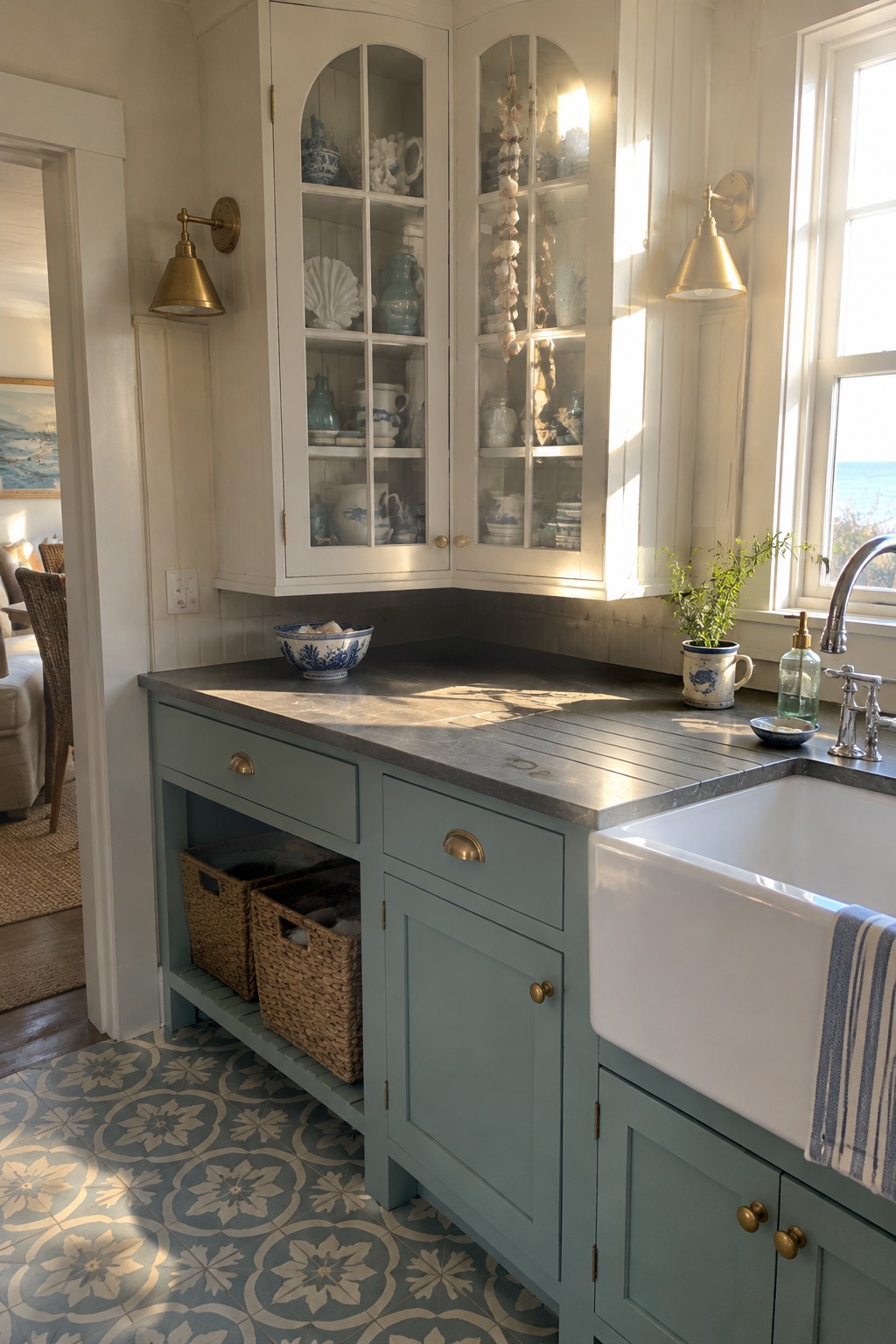 White corner kitchen cabinets with arched glass doors display dishes above blue-green base cabinets and a dark countertop.
