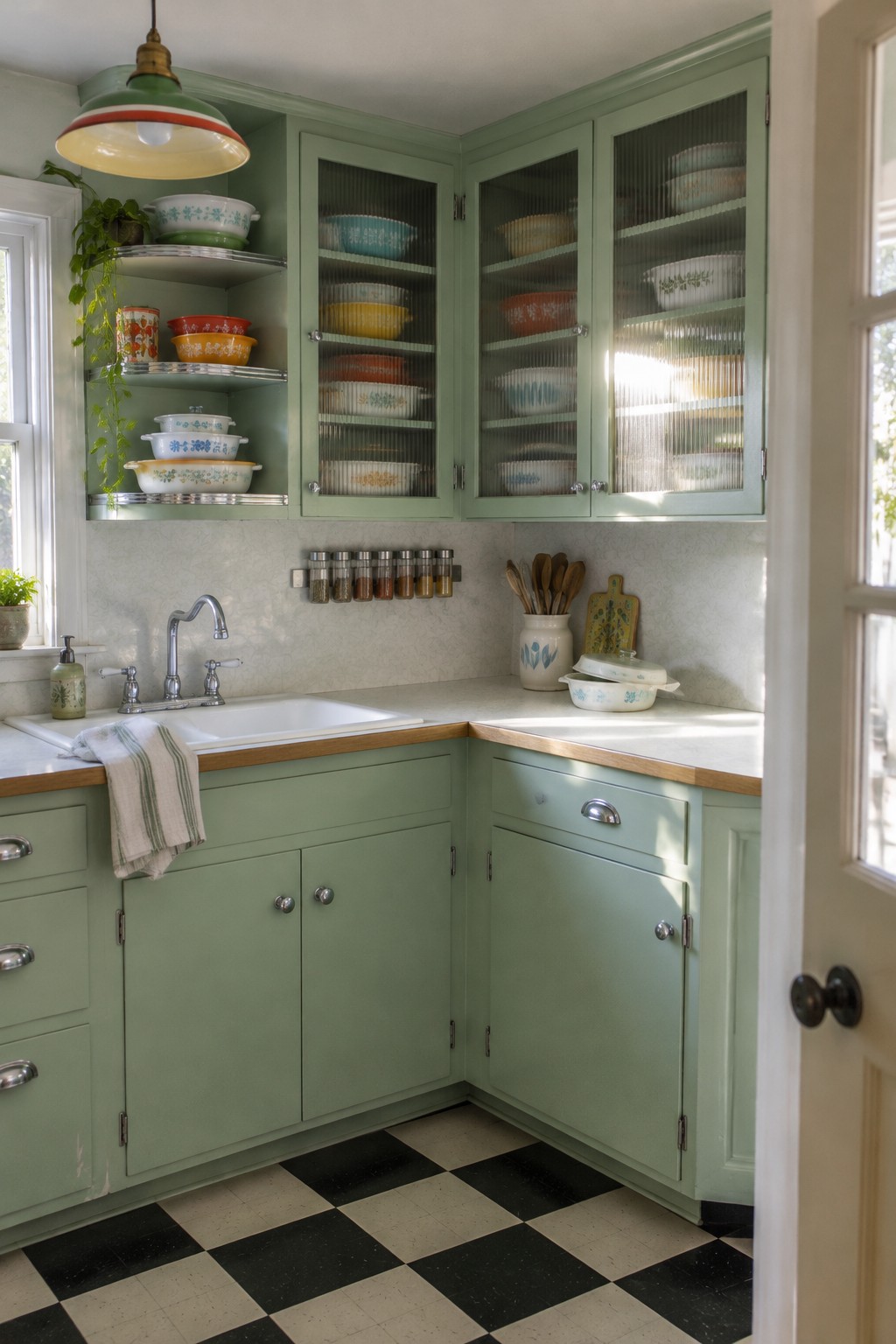 A sage-green kitchen corner with upper cabinets featuring ribbed glass doors and shelves of dishes.