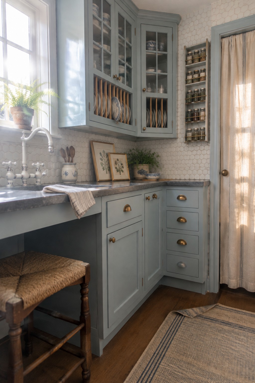 Muted blue-gray corner kitchen cabinets with glass doors display dishes above plate dividers, with matching lower cabinets and drawers below.