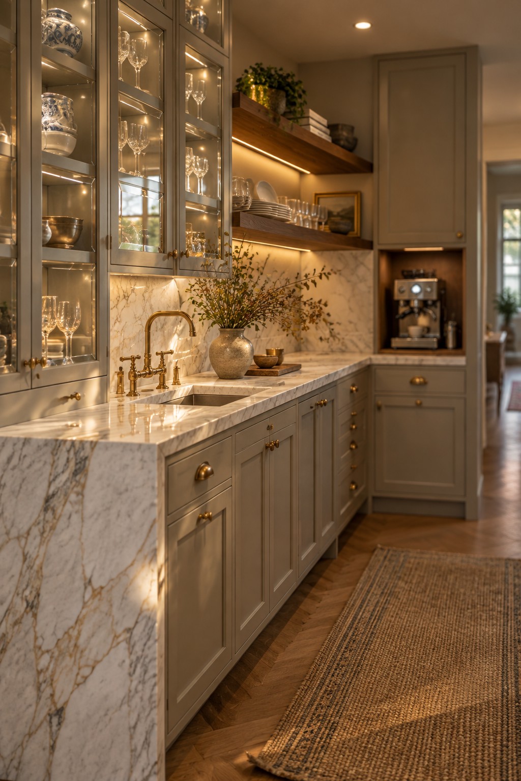 A kitchen with glass-front upper cabinets displaying dishes and glassware beside a marble counter and brass faucet.