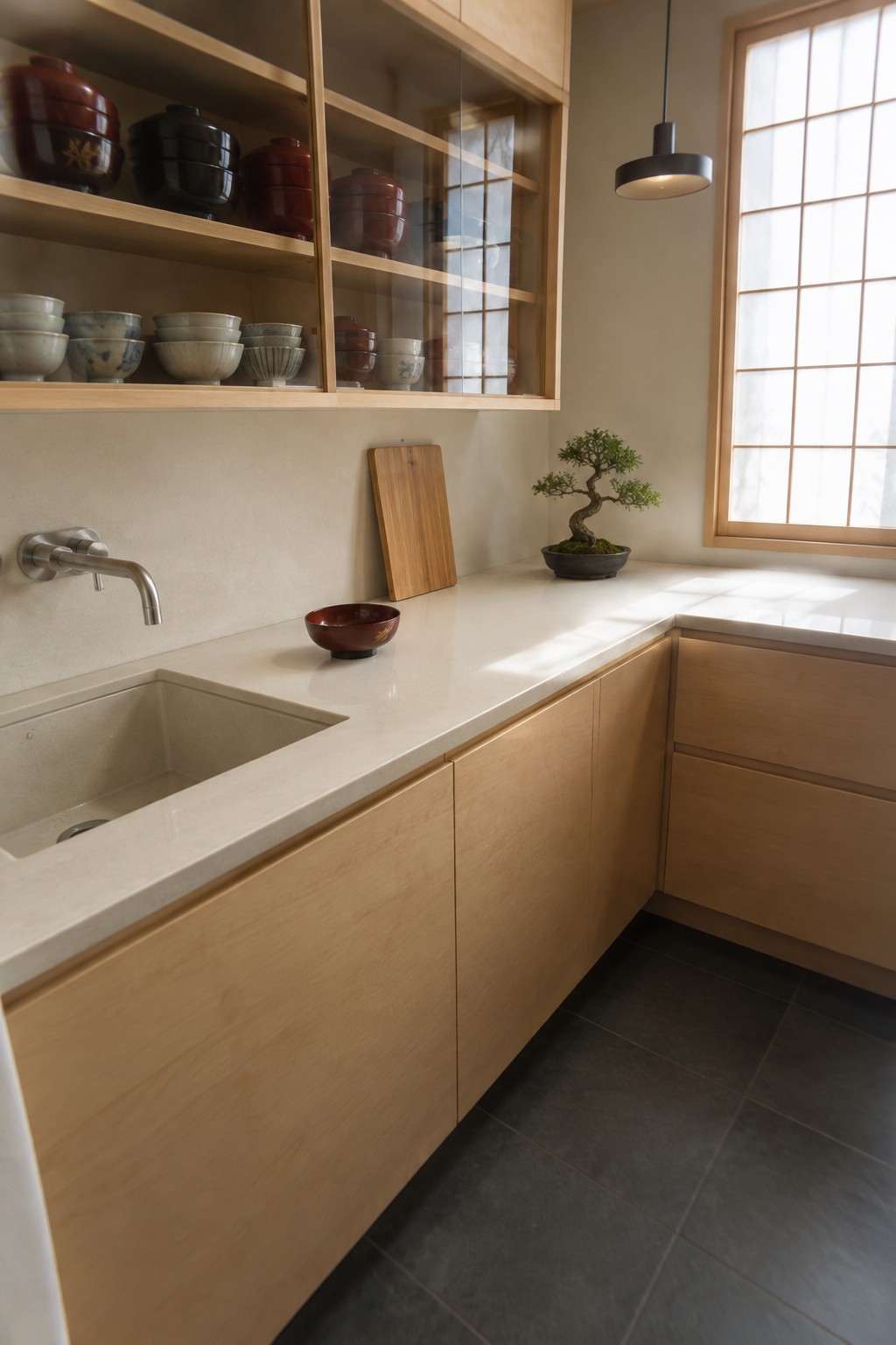 Light wood kitchen cabinets with glass doors display red and black dishes above a pale countertop and sink.