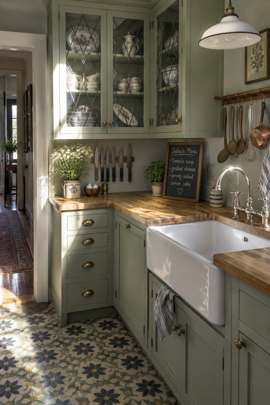 Sage-green corner cabinets with glass doors display plates, bowls, and serving dishes above a wooden countertop.