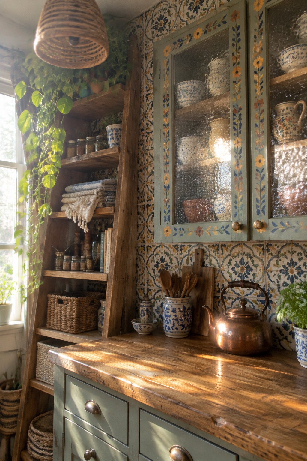 A muted green glass-front cabinet with painted floral details hangs above a wooden counter in a patterned kitchen.