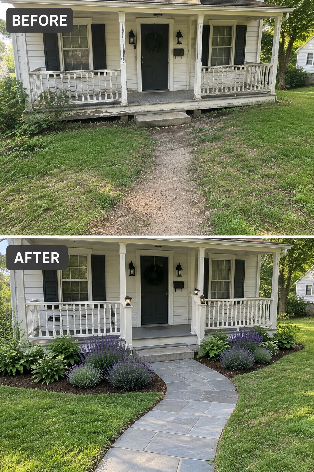 Before and after house exterior with new stone path and purple flower landscaping.