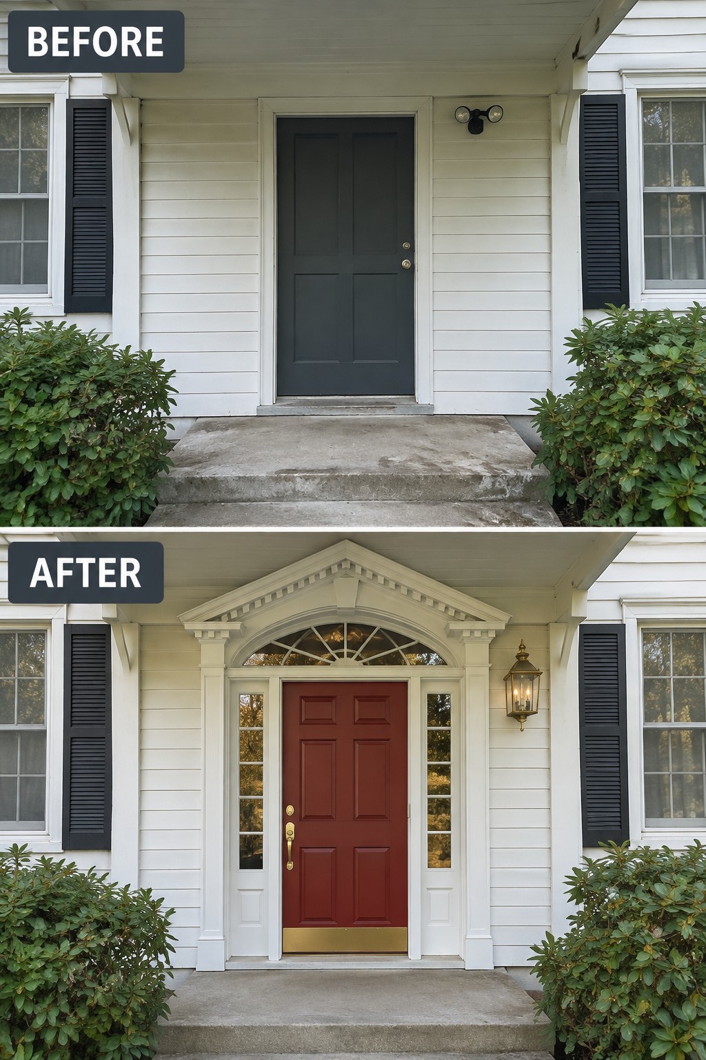 Before-and-after house entrance: dark gray door replaced by red door with white pediment and sidelights