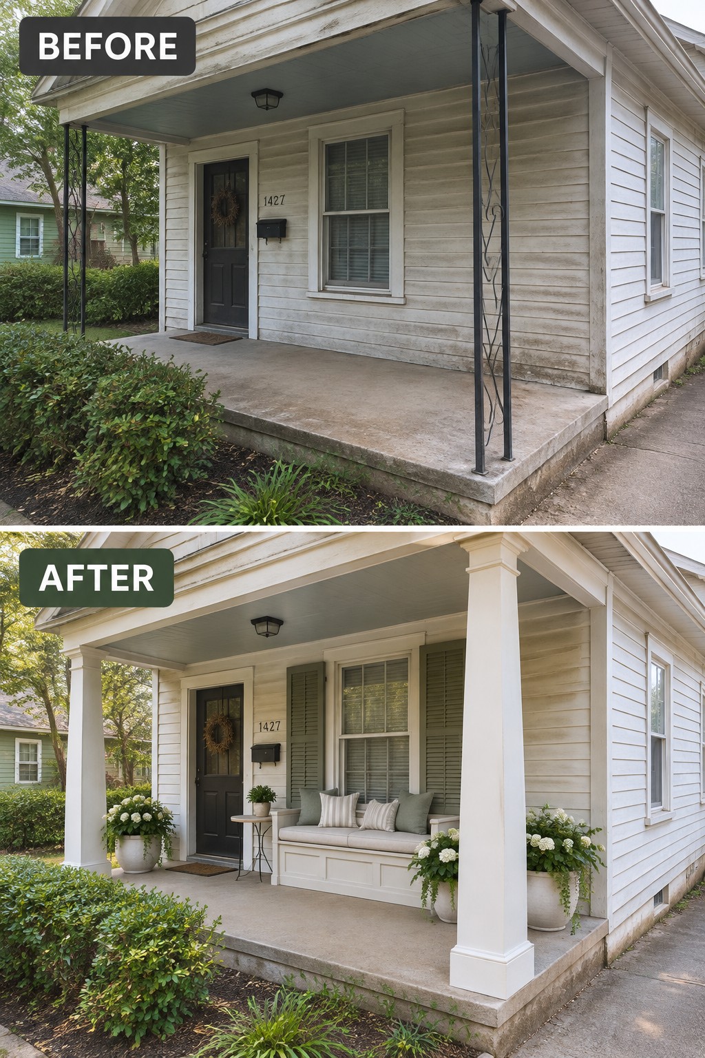 Before and after porch renovation featuring white columns, bench, shutters, and planters.
