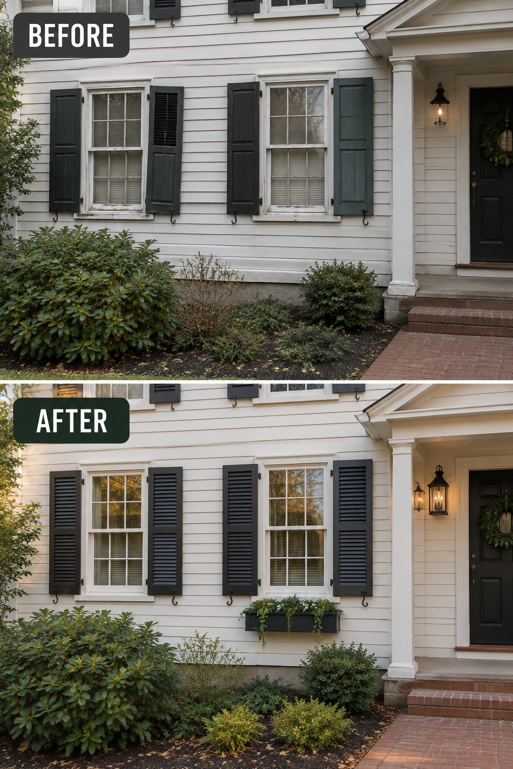 Before-and-after image of a colonial revival house showing mismatched shutters replaced with uniform dark shutters and a window box added beneath the center window.