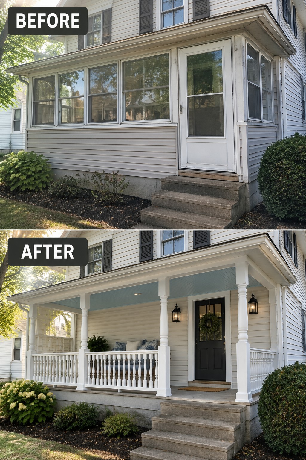 Before-and-after house porch: screened enclosure replaced by open white columns, railings, and black door.