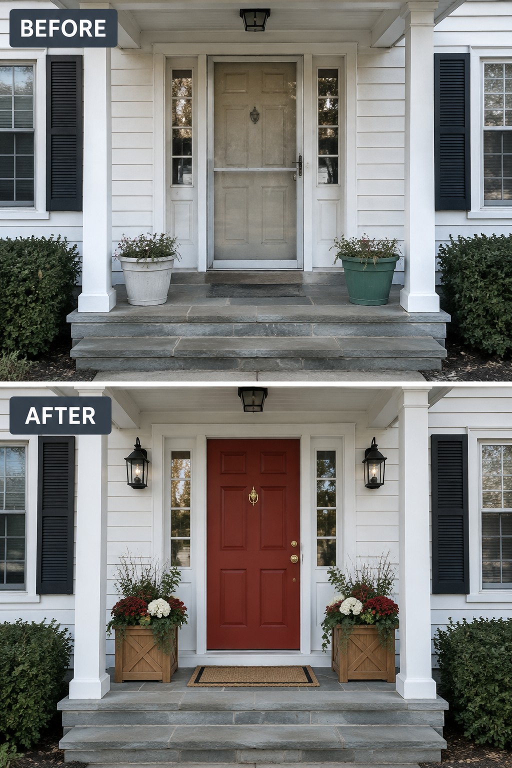 Before and after porch entrance with red door, wooden planters, and black lanterns.
