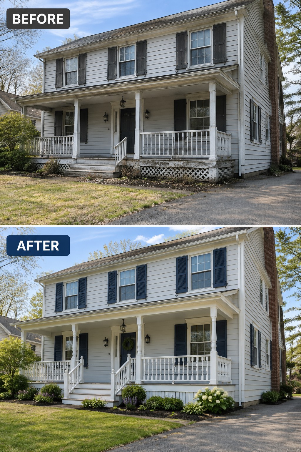 Before and after views of a white two-story house with new blue shutters and landscaping.