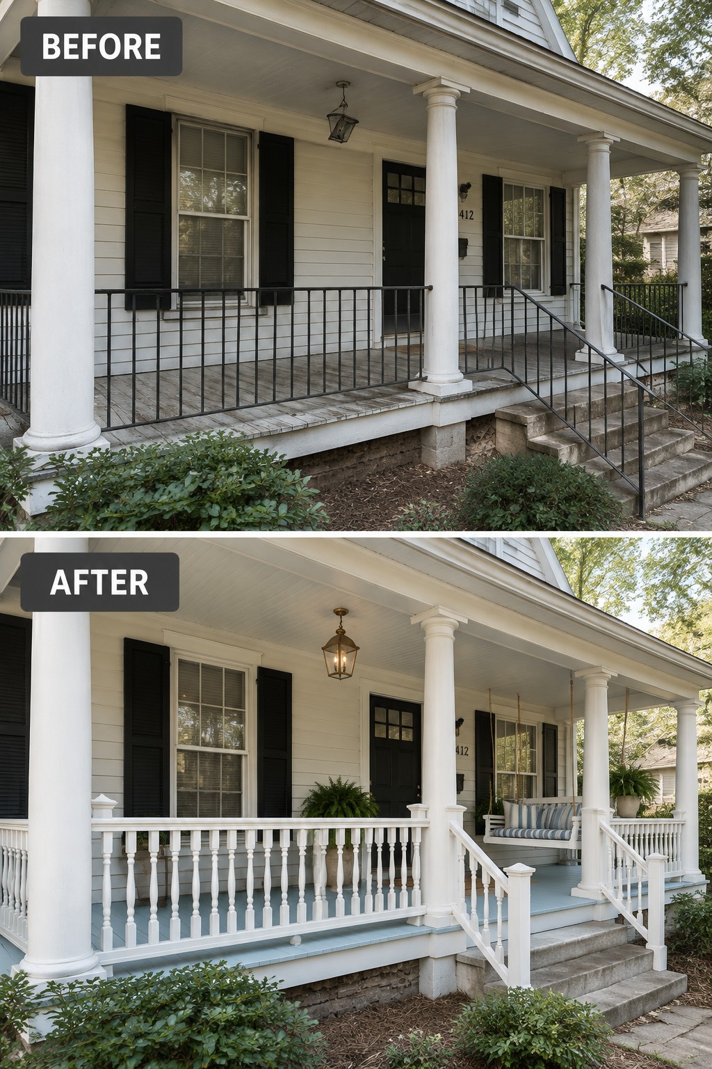 Before and after porch renovation with white railings, swing, and light blue floor.