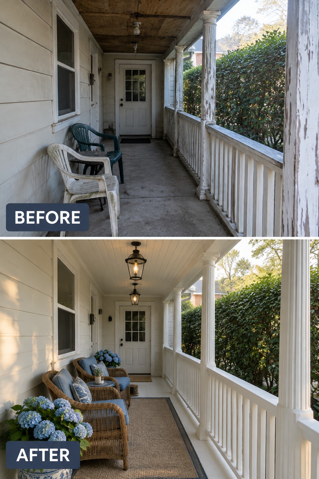 Before and after porch with plastic chairs replaced by wicker furniture, rug, and blue hydrangeas.