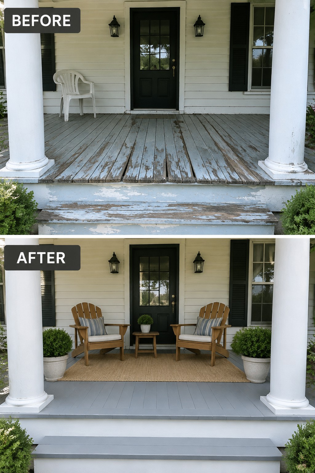 Before and after of weathered porch transformed with new gray paint, chairs, and plants