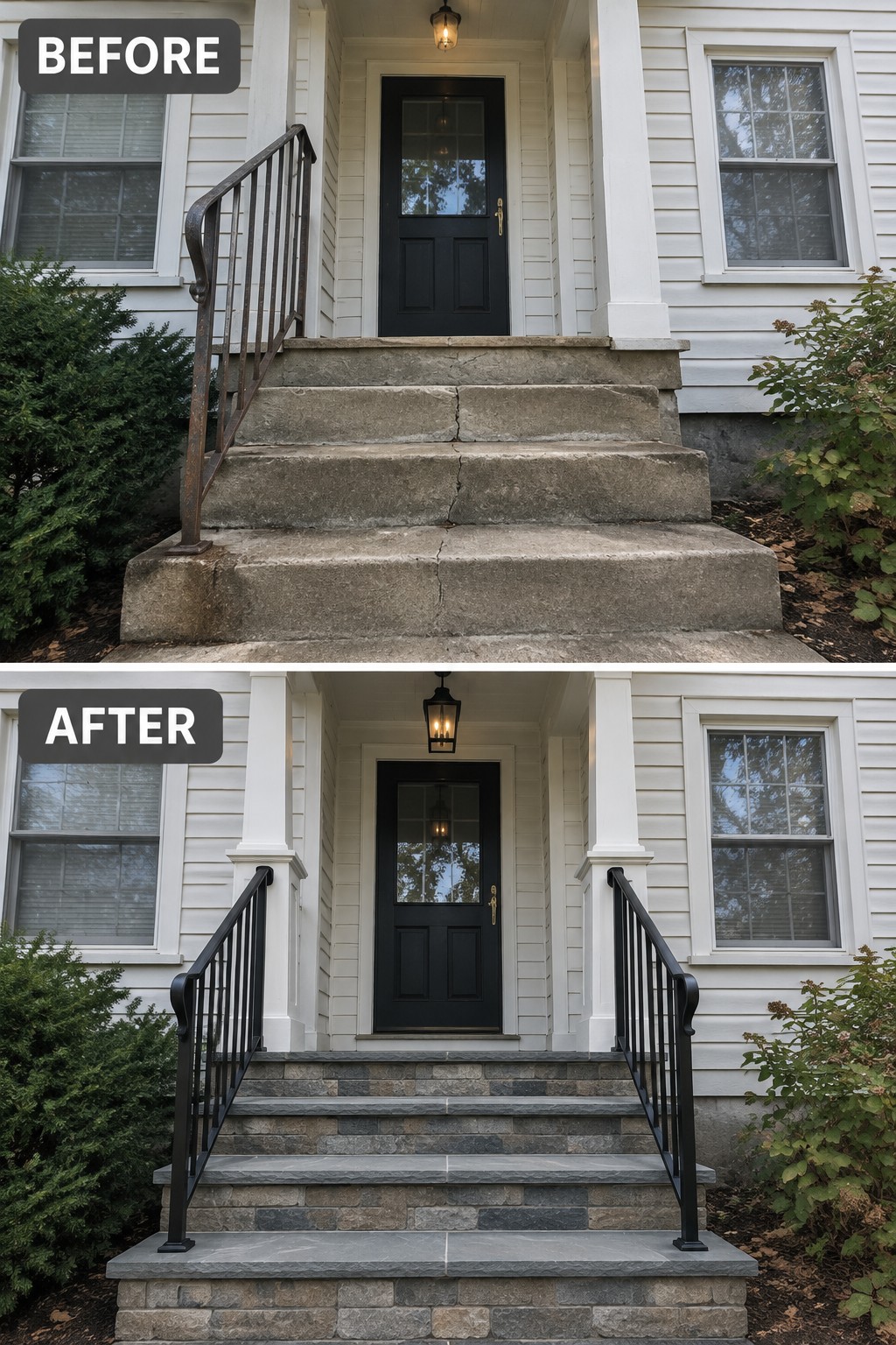 Before-after porch steps: cracked concrete replaced by stone stairs with black railings