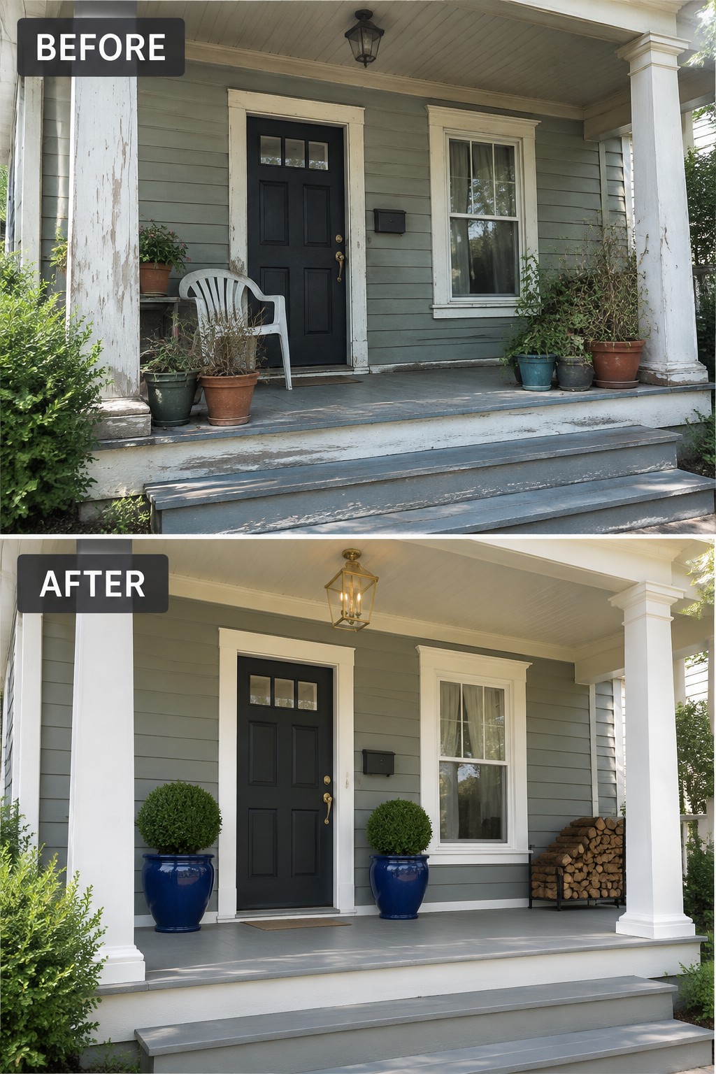 Before and after porch renovation with blue planters, firewood, and updated lantern