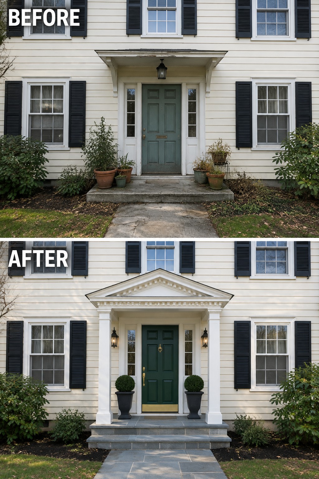 Before and after house entrance with new columns, pediment, stone steps, and planters.