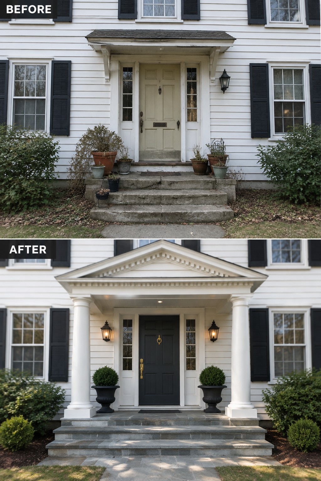 Before and after house entrance: plain steps with green door to grand columned portico with black door