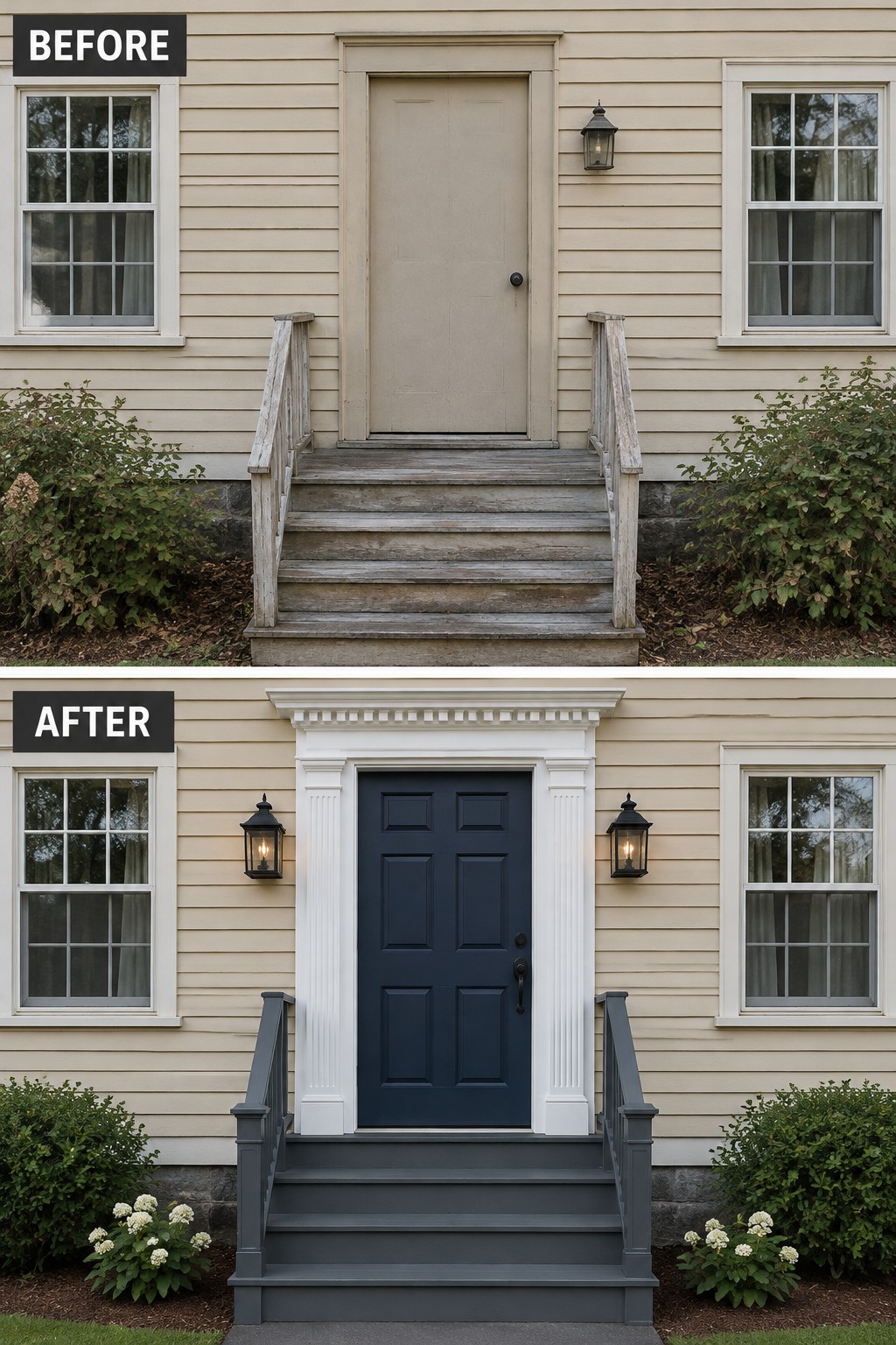 Before-and-after image of a Colonial home front entry with a plain beige door transformed by white traditional trim, columns, and a dark blue door.