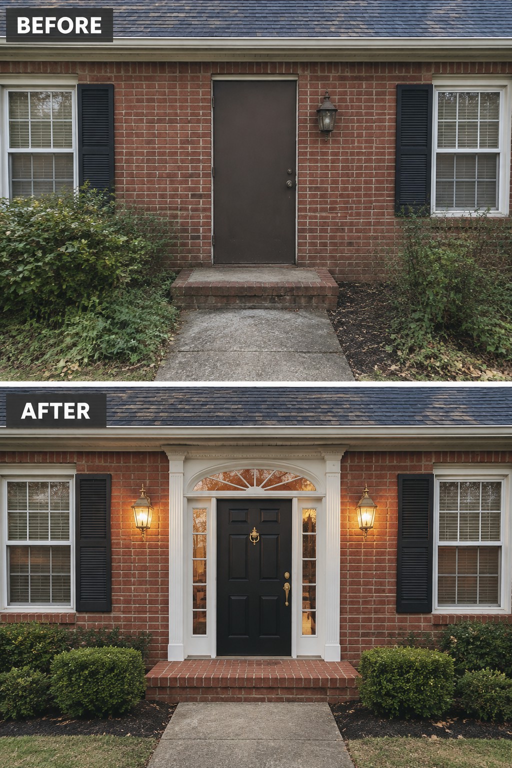 Before-and-after image of a brick home front entry updated with white columns, an arched pediment, a new black door with sidelights, and cleaner landscaping.