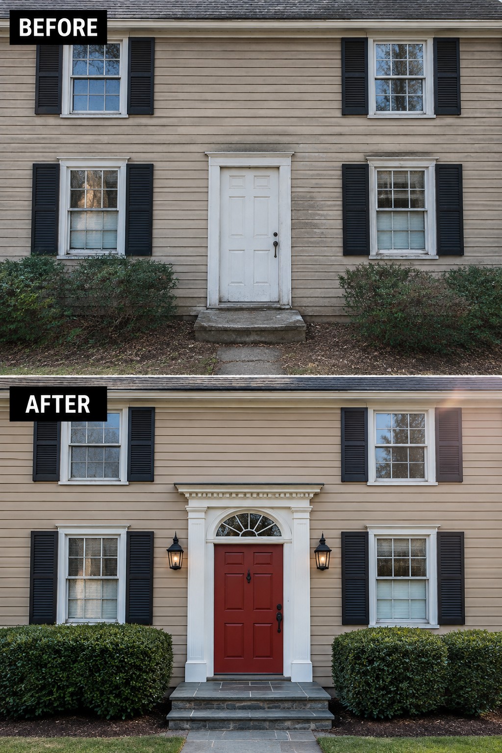 Before and after views of beige house entrance with red door and stone steps