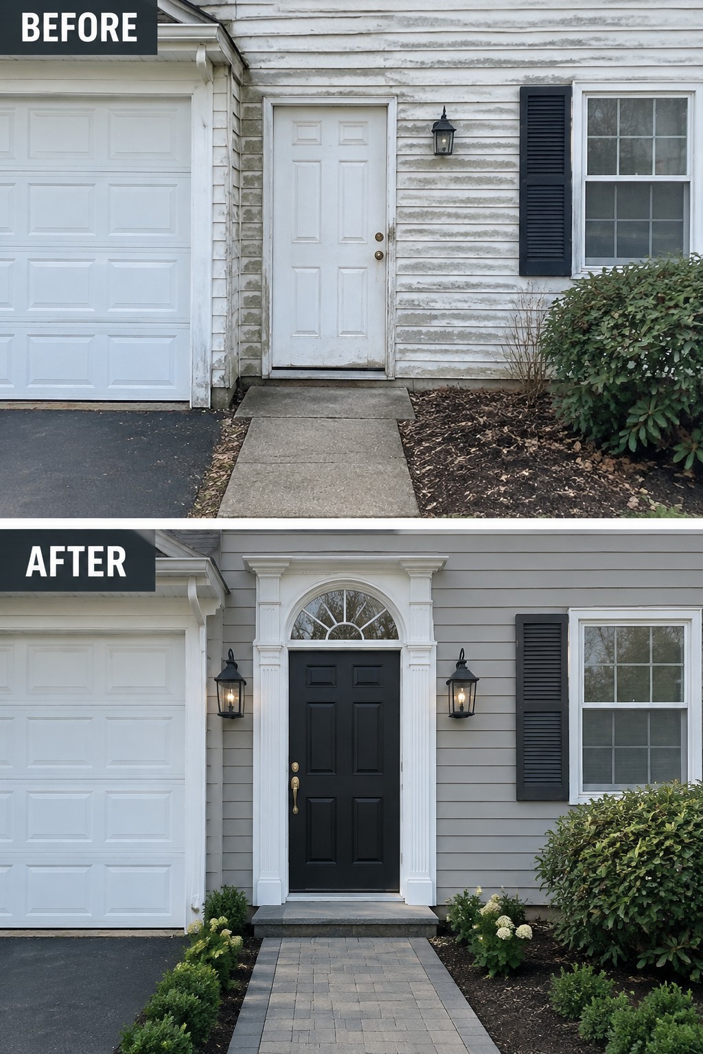 Before-and-after house entrance with new gray siding, black door and brick path.